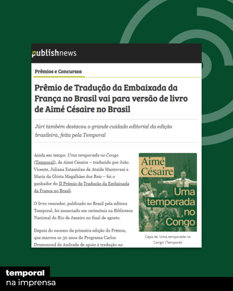 Publishnews sobre Prêmio de Tradução para "Uma temporada no Congo", de Aimé Césaire
